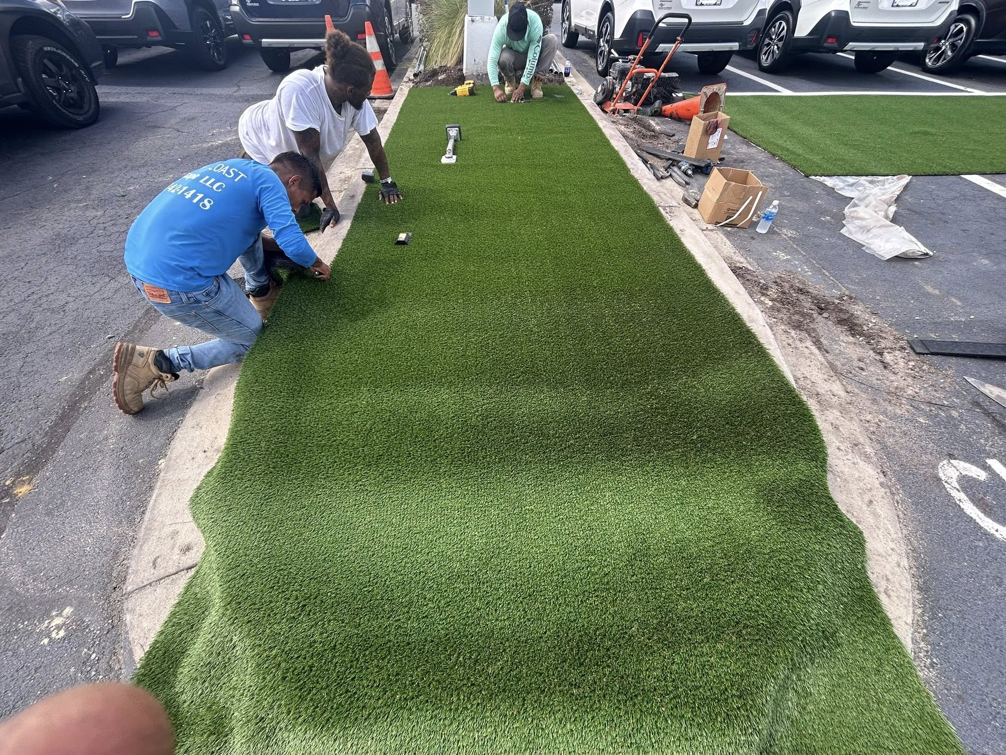 Removed shrubs, and installed artificial turf for dealership