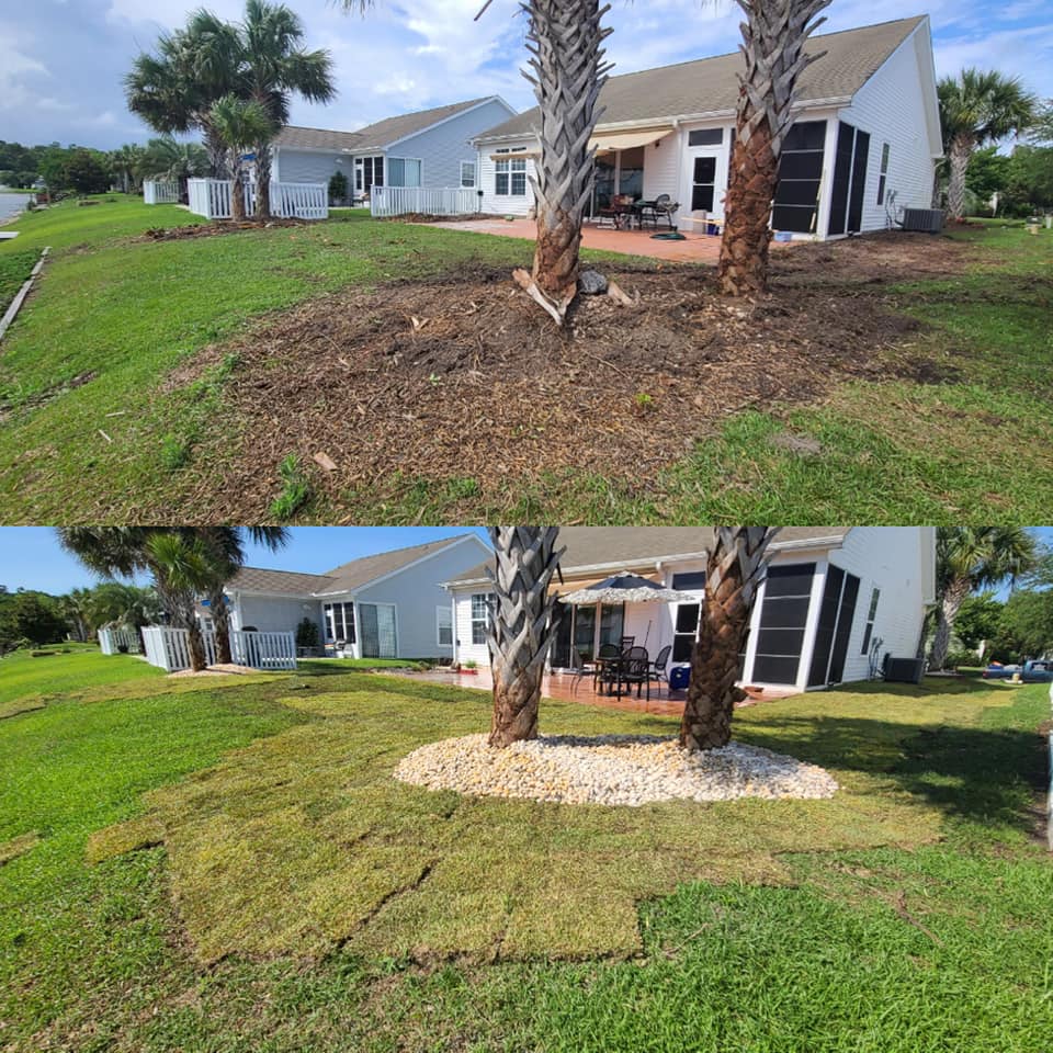 Removed trees, shrubs and installed beds with rock and sod Little River, SC 29566