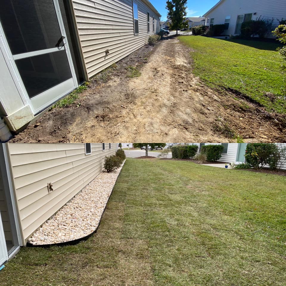 Brought in 5 dump truck loads of fill and installed centipede sod