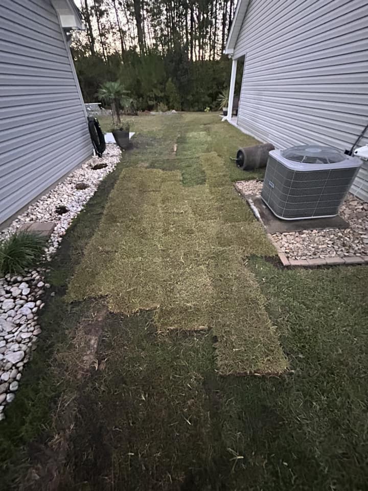 Removed old grass, added soil and installed Centipede, drainage and removed 2 trees in Longs,SC 29568