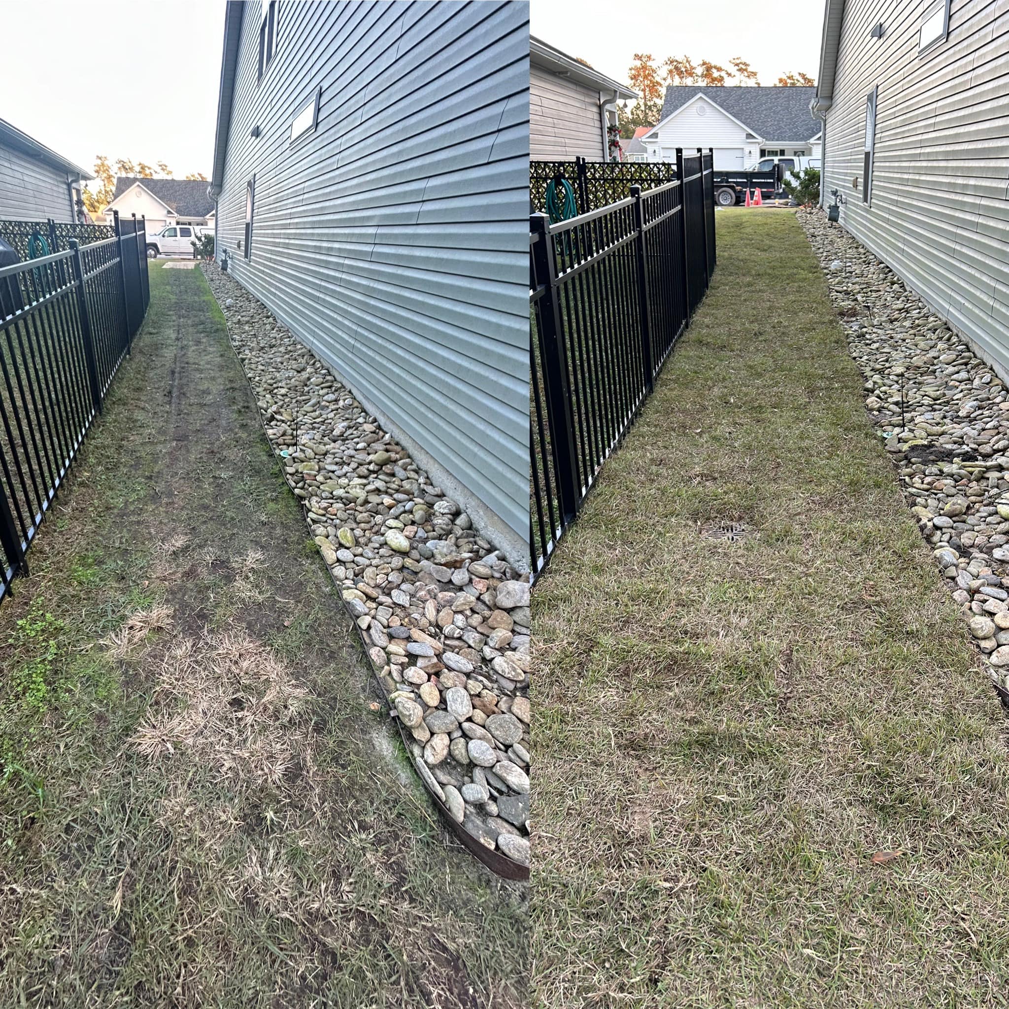 Removed old grass, added soil and installed Centipede, drainage and removed 2 trees in Longs,SC 29568